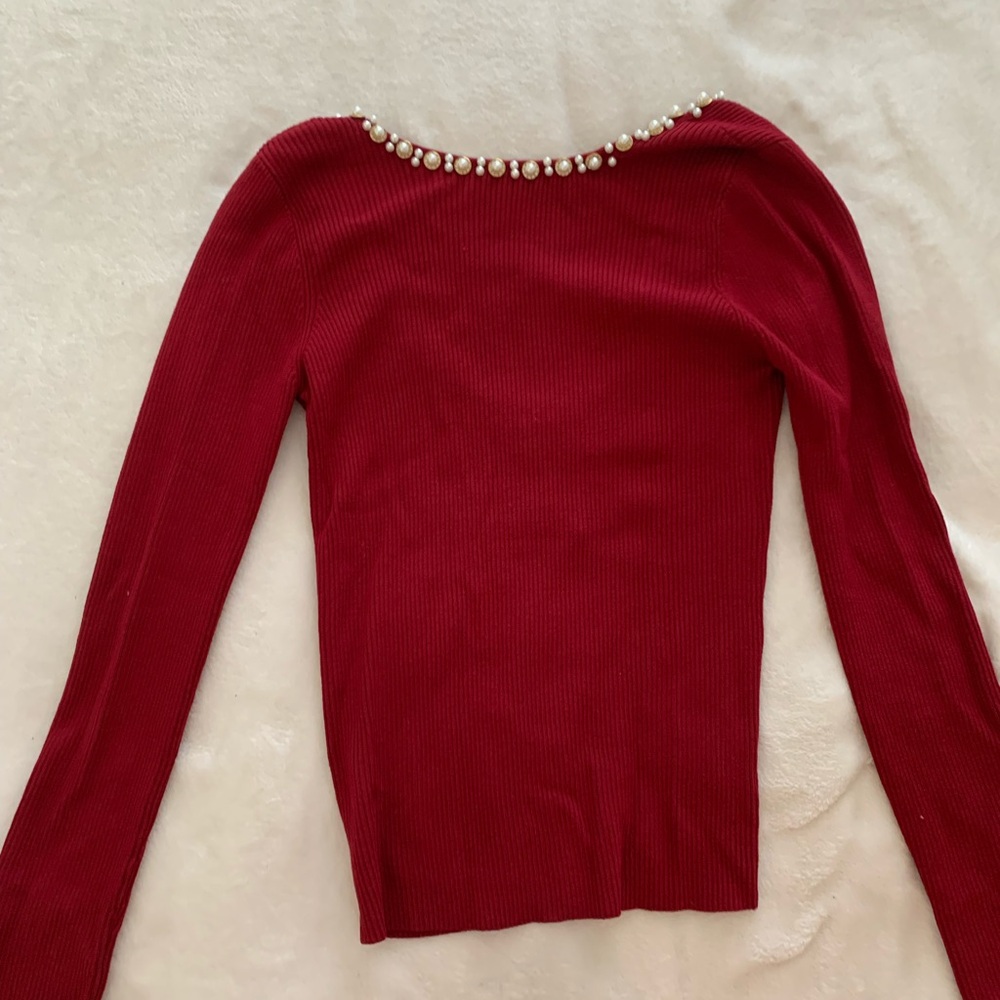 Red Ribbed Sweater with Pearl Detail